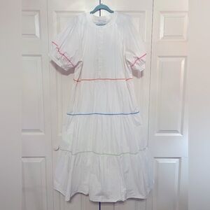 English Factory white maxi dress with puff sleeves and pastel piping.  Size 2X